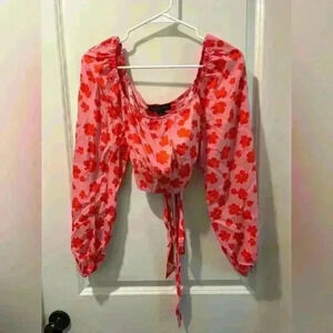Sanctuary going solo crop top tie top red and pink floral blouse size small